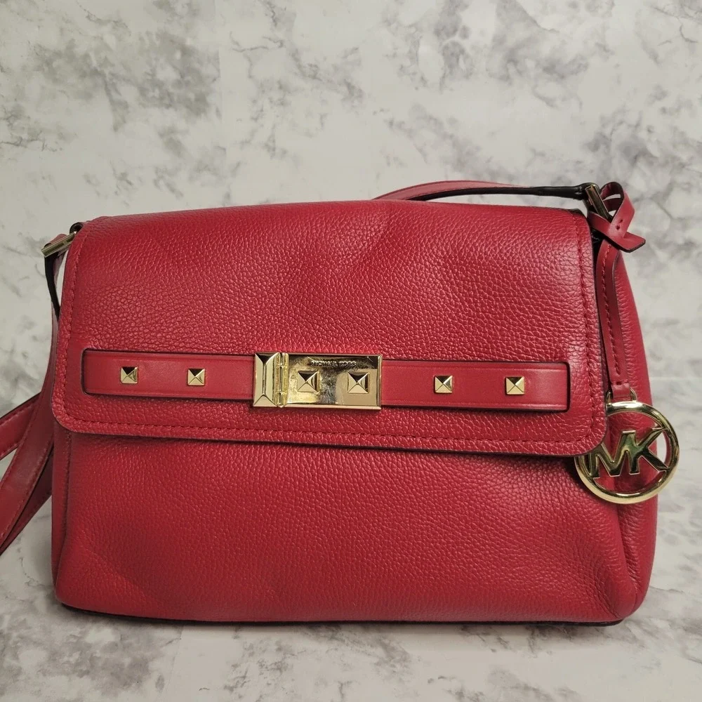 Michael Kors Red‎ Pebbled Leather Studded Flap Crossbody Bag Gold Hardware